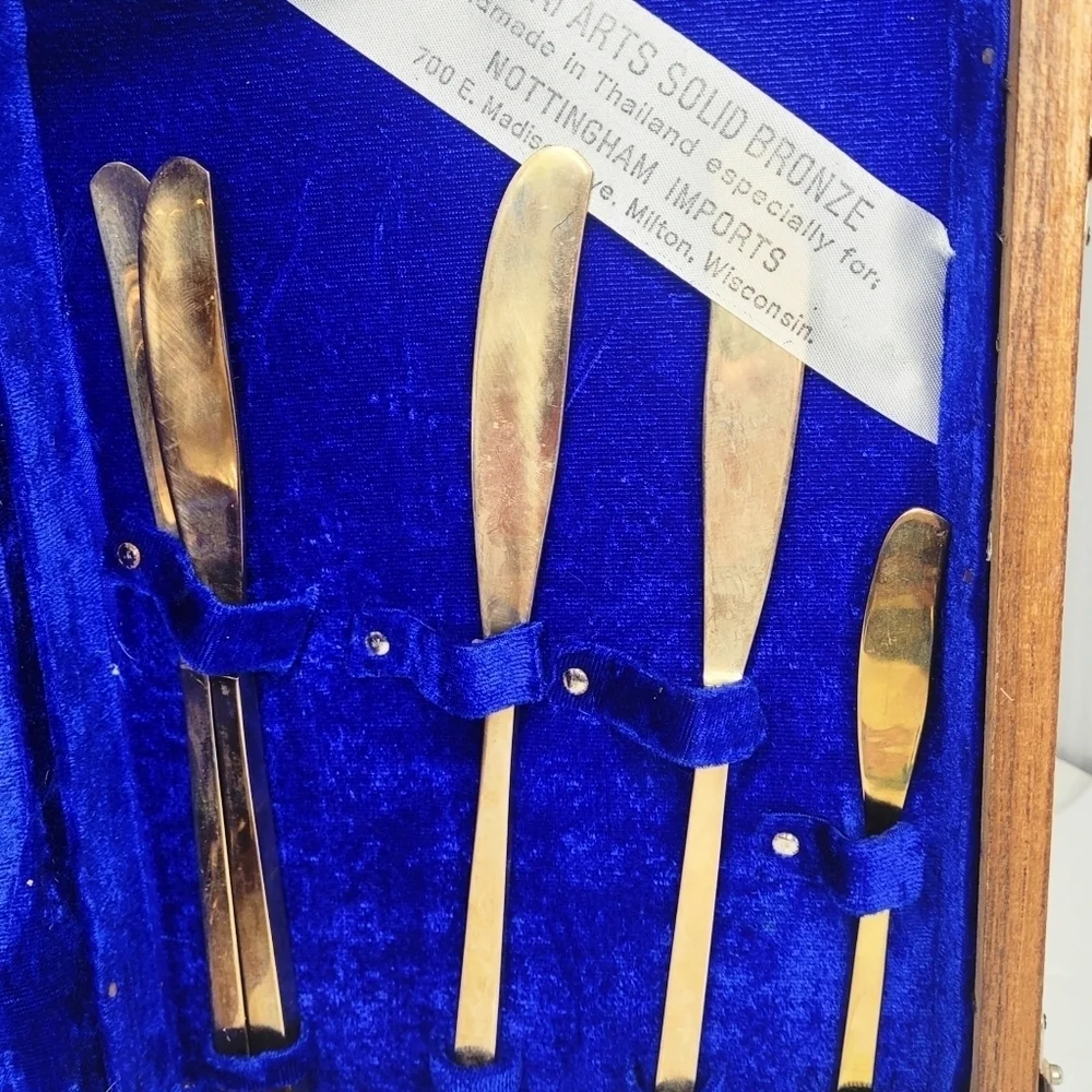 Vintage Solid Bronze Thai Made Cutlery Set of 4+ Chopstick Model Rosewood Box